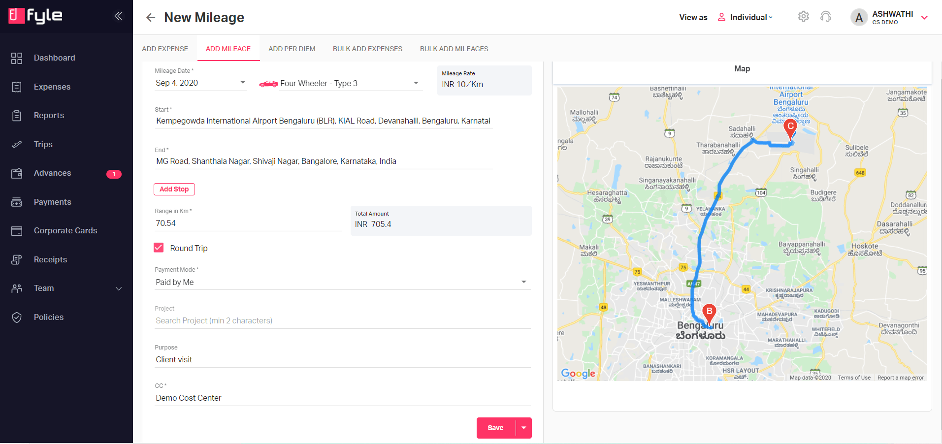 Create mileage expense using web app fleeq.io