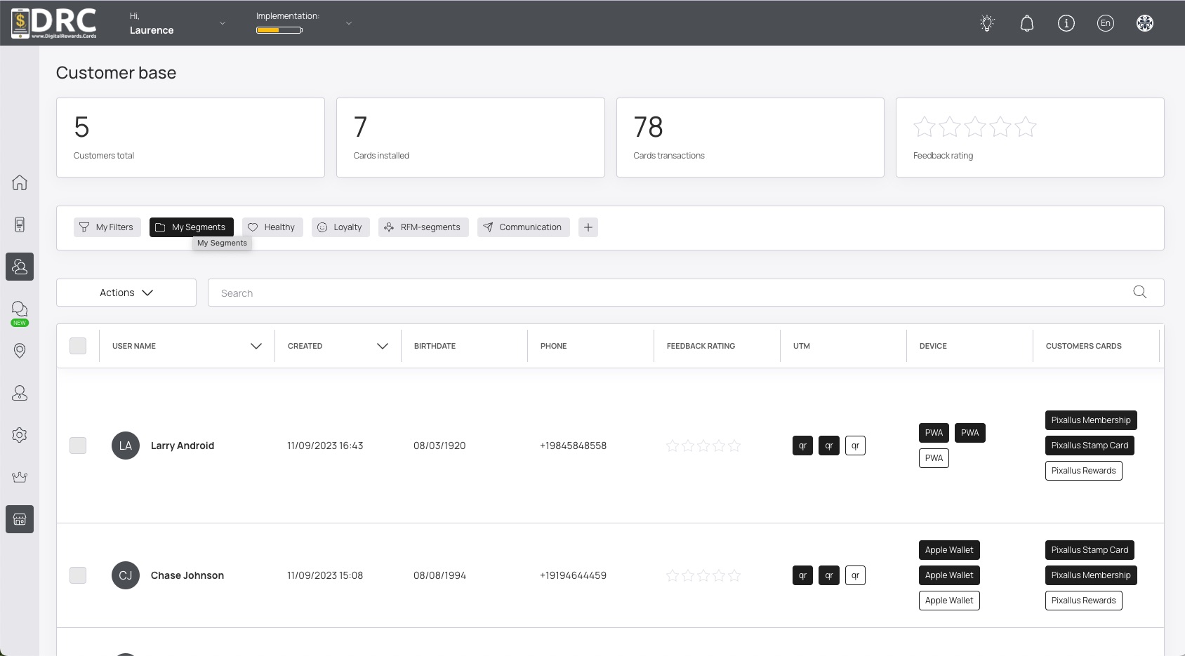 Custom Customer Filters 15 Digital Rewards Cards - Custom Filter Customers
